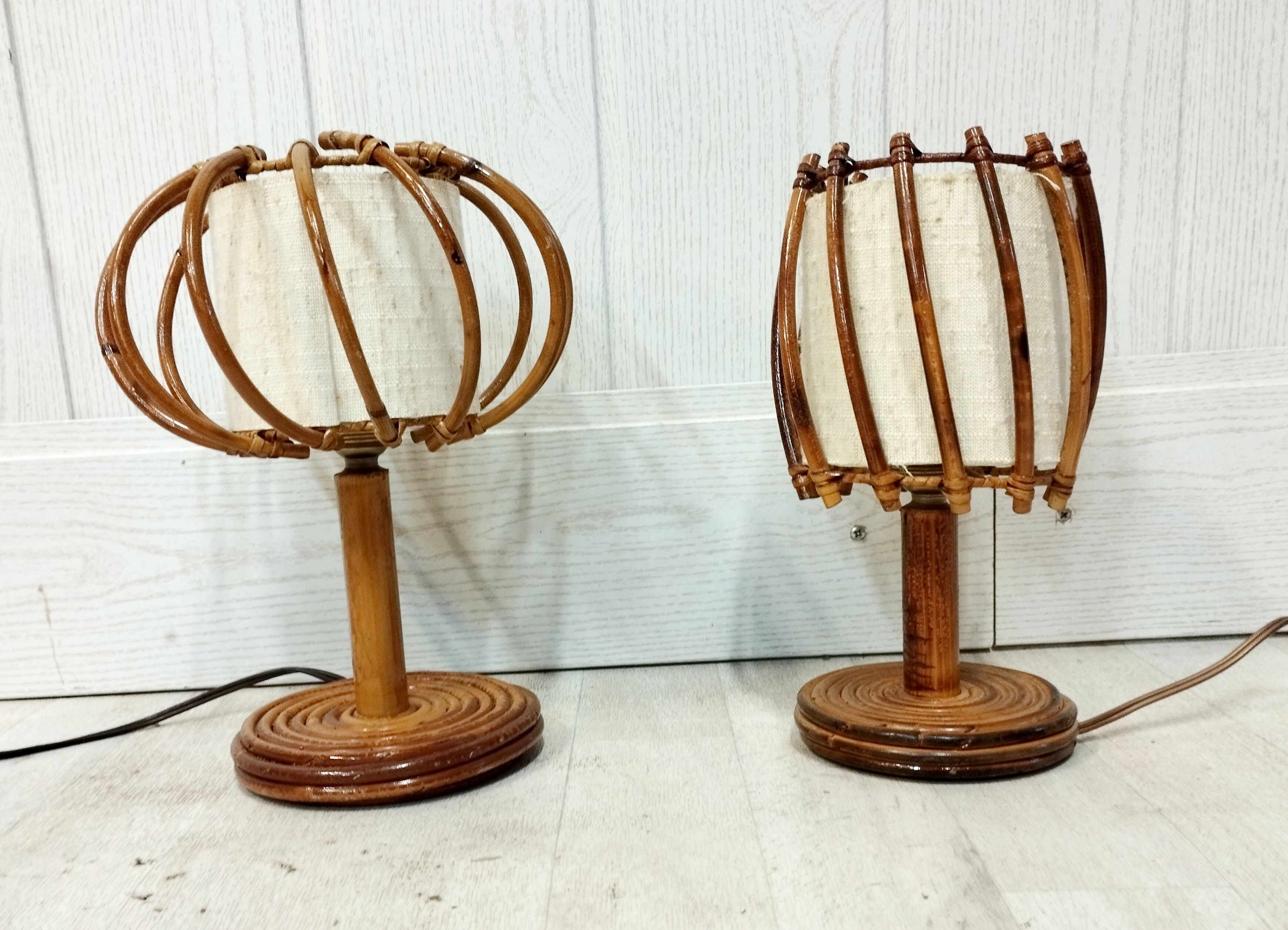 Pair of Louis Sognot rattan bedside lamps