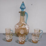 Emaille glass service a liqueur carafe and glasses