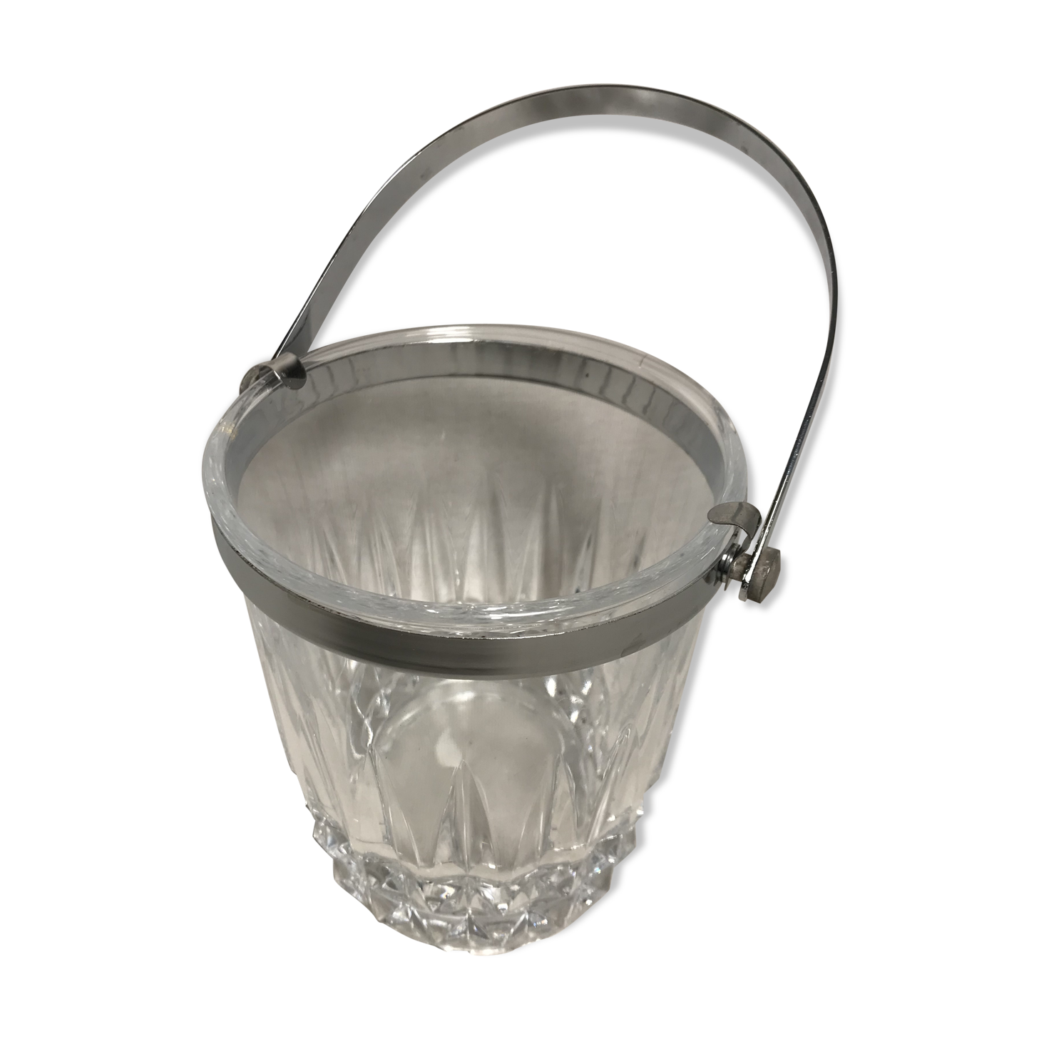 Old arched crystal ice bucket with chrome metal handle