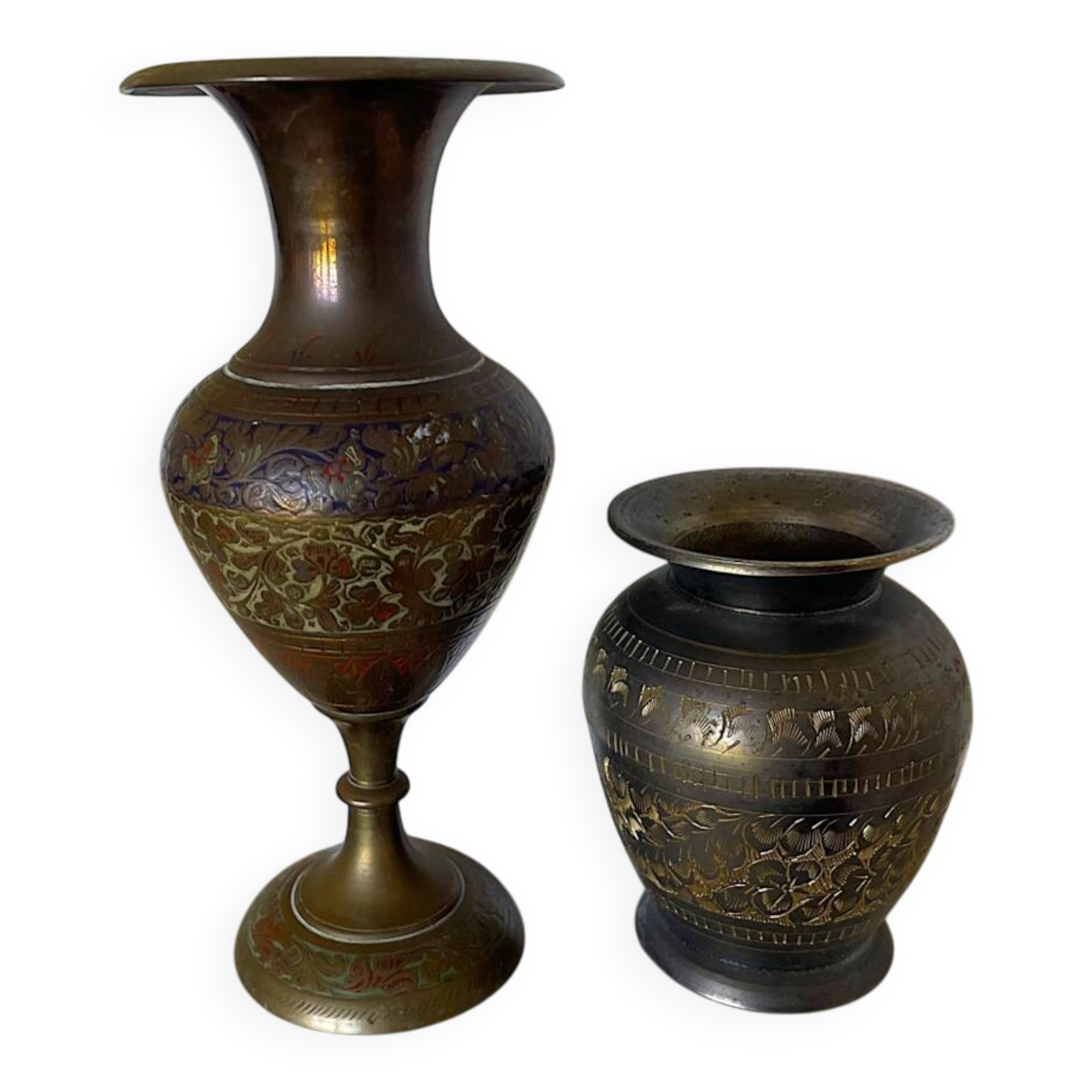 Pair vintage Oriental etched brass vases