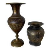 Pair vintage Oriental etched brass vases