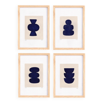 Collection of 4 abstract paintings on paper, burgundy colour, signed Eawy.