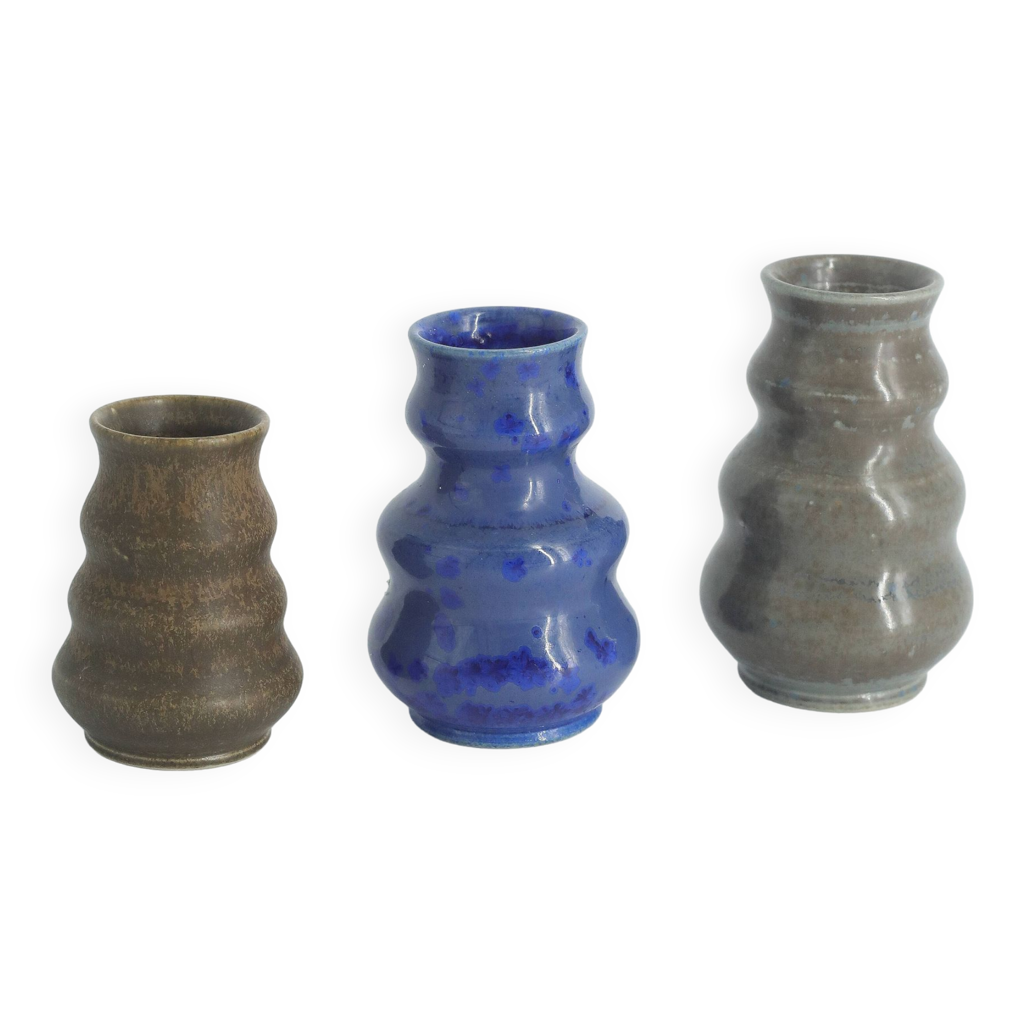 Small collection vases, mid-century modern Scandinavian, in glossy brown and blue stoneware, set of 3.