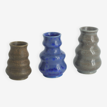 Small mid-century scandinavian modern collectible brown & blue wavy glazed stoneware vases, set of 3