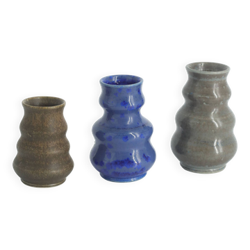 Small collection vases, mid-century modern Scandinavian, in glossy brown and blue stoneware, set of 3.