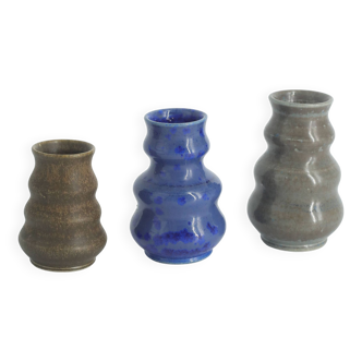 Small mid-century scandinavian modern collectible brown & blue wavy glazed stoneware vases, set of 3