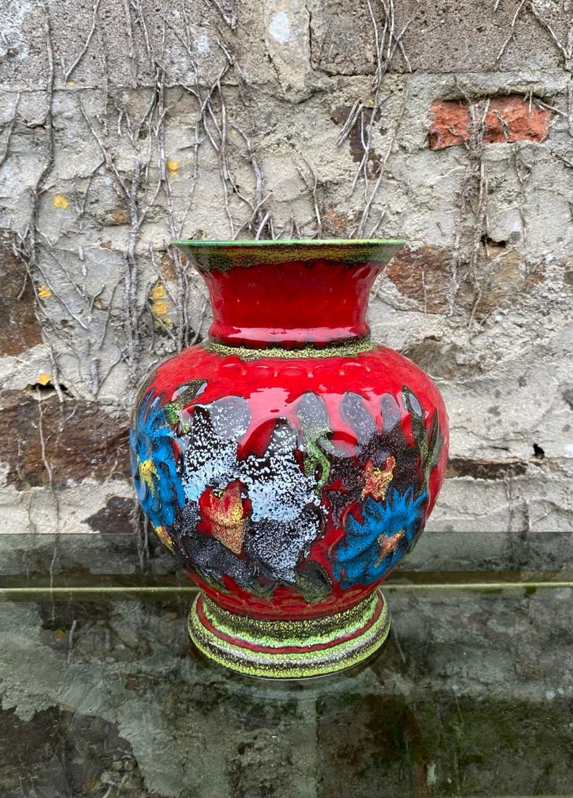 Vintage red vase germany year 70 fat lava floral decoration 70s