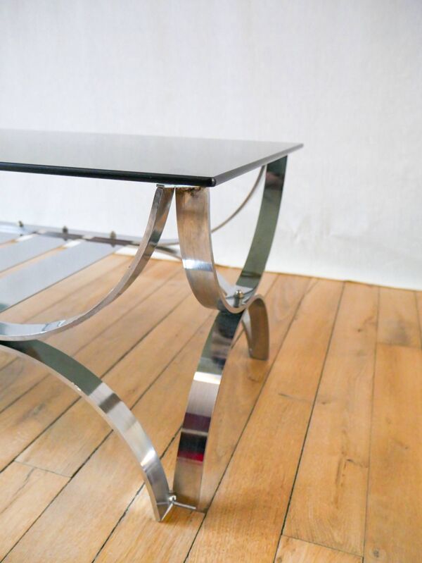 table basse rectangulaire en verre fumé et chrome double plateaux Design 1970