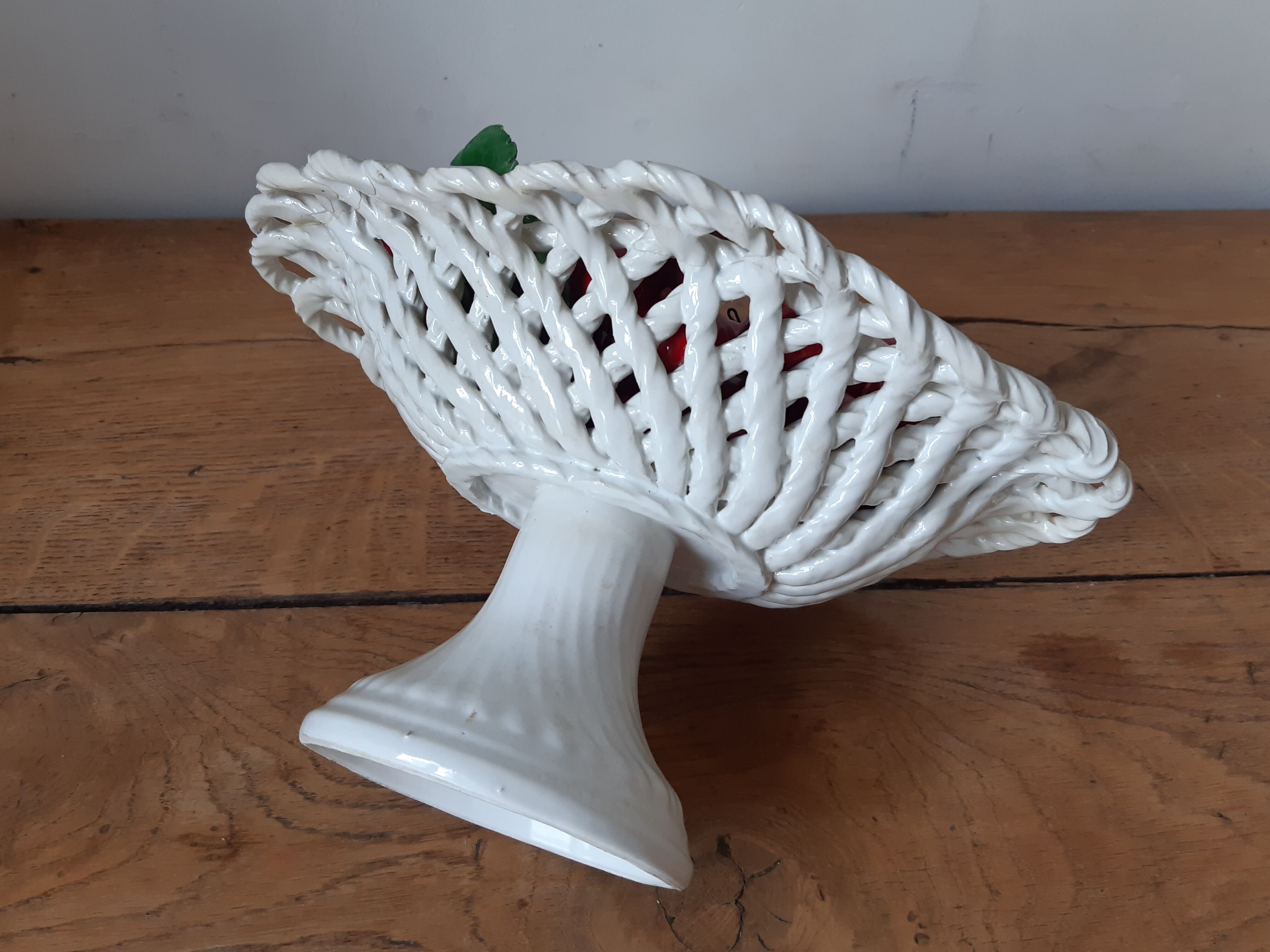 Braided basket of porcelain cherries, Bassano vintage 60s