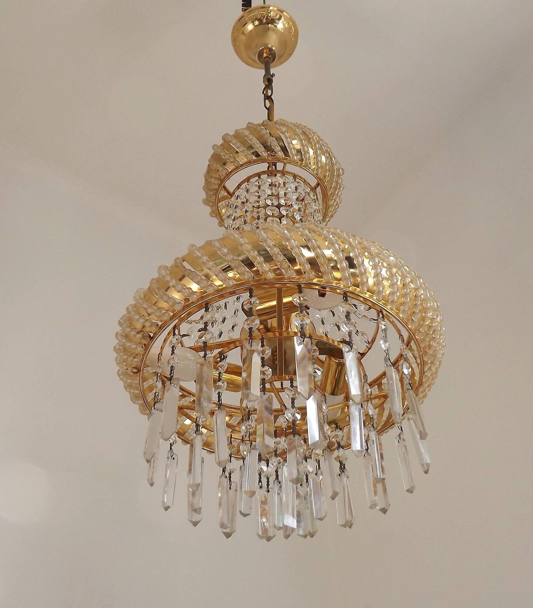 Vintage Gold Metal 5-Light Chandelier – Crystal Beads & Glass Prisms