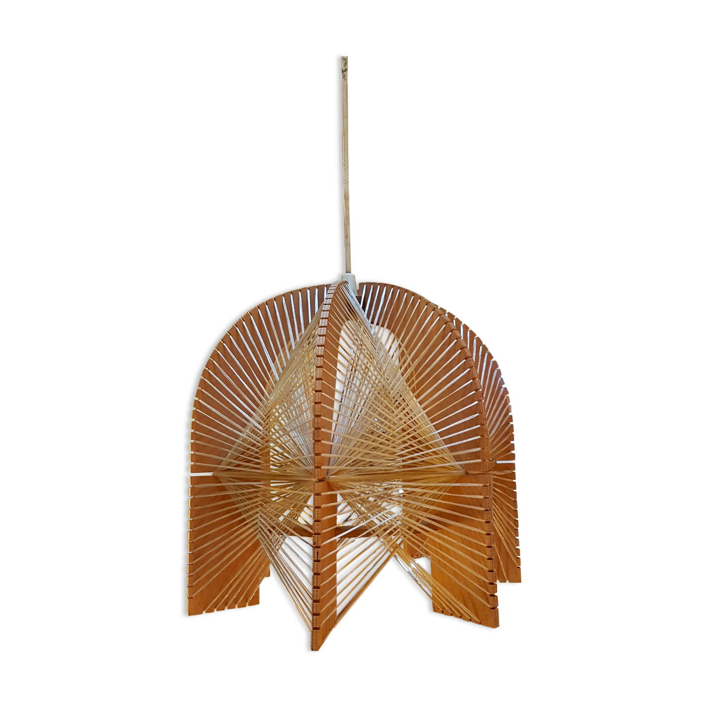 Hanging lamp in wood cut out clear raffia geometrical drawings 1970