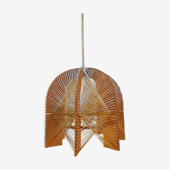Hanging lamp in wood cut out clear raffia geometrical drawings 1970