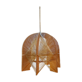 Hanging lamp in wood cut out clear raffia geometrical drawings 1970