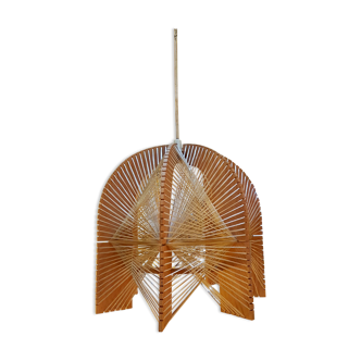 Hanging lamp in wood cut out clear raffia geometrical drawings 1970