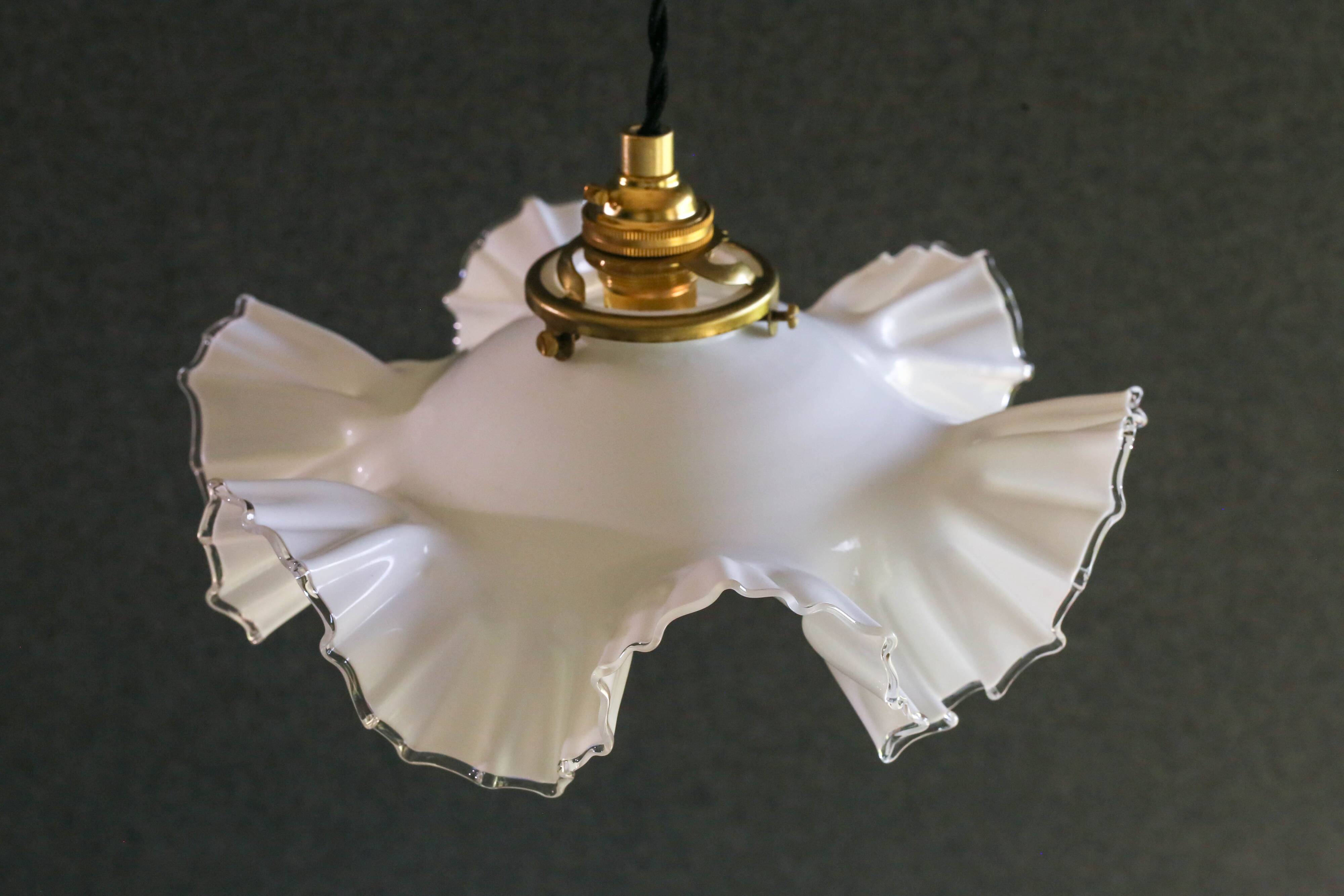 Old white glass pendant light with translucent net - circa 1930. Brass socket and new cable