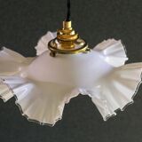 Old white glass pendant light with translucent net - circa 1930. Brass socket and new cable