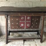 Medieval style bar furniture and two stools