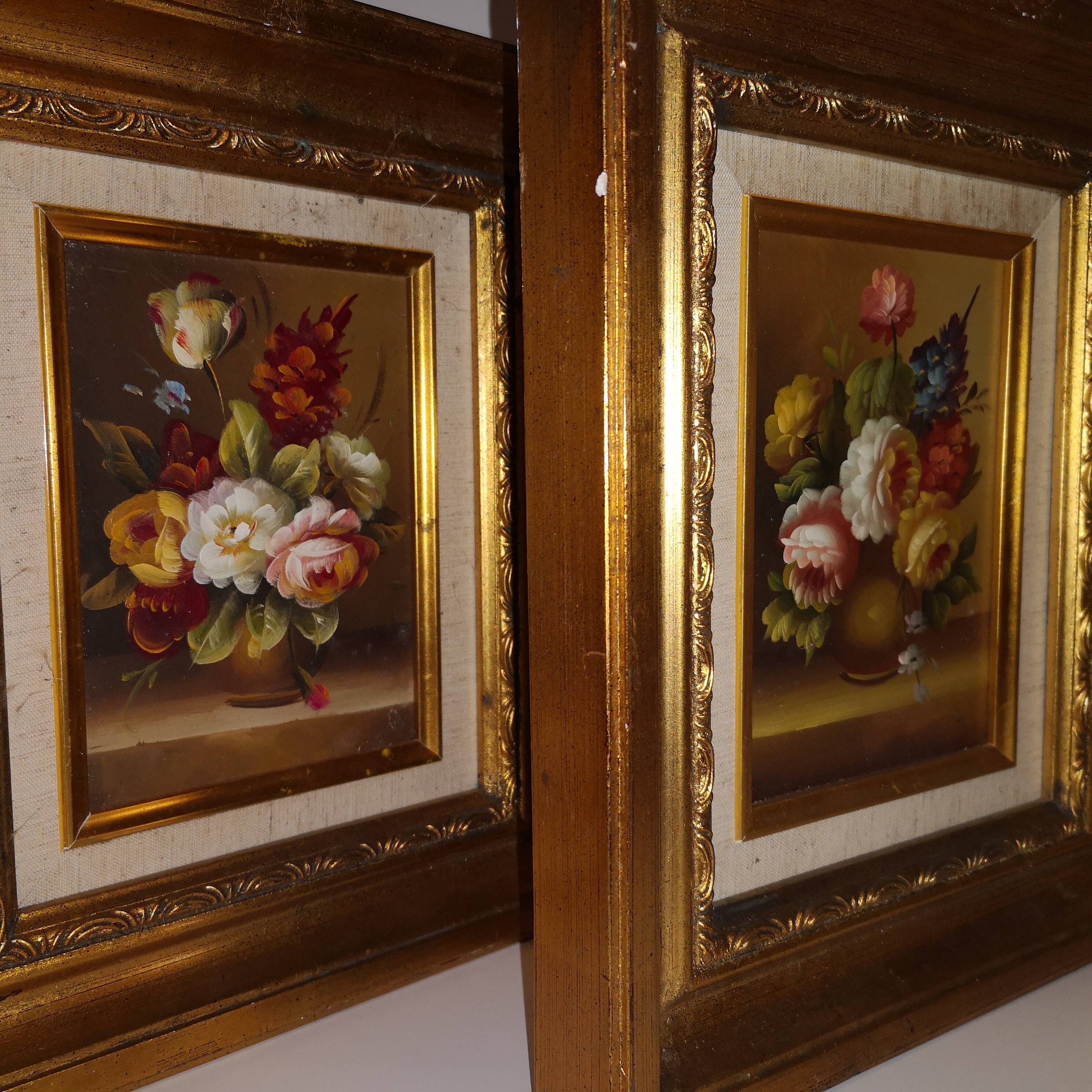 Paire de tableau nature morte sur bois bouquet de fleurs vintage