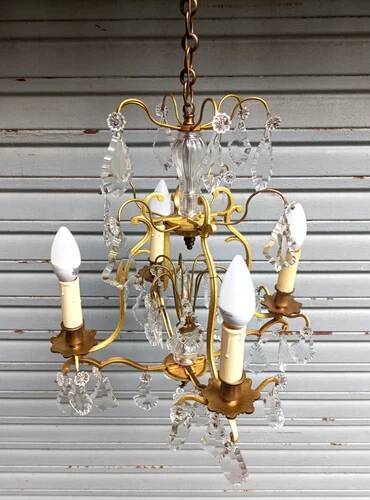 Rare antique cage chandelier in gilded bronze and crystal, 4 lights / WORKING CONDITION GAU?