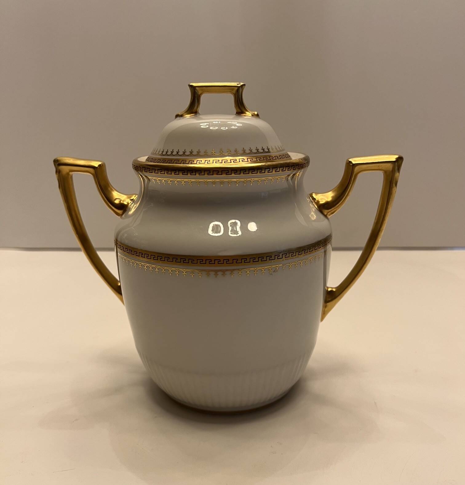 Antique sugar bowl porcelain from Limoges Paroutaud Frères P.P. Greek frieze gold