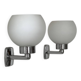 Pair of vintage wall lights, chrome and opaline glass, France, 1970