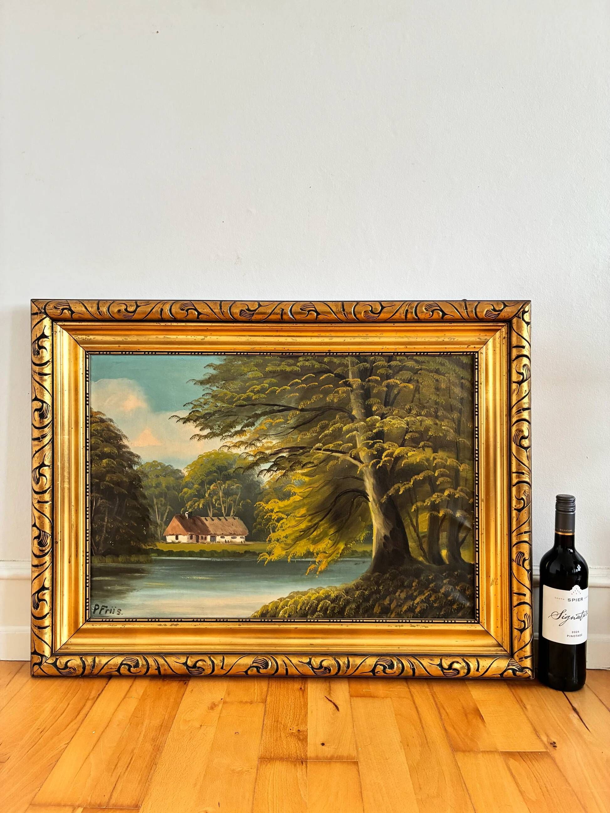 Vintage signed cottage lake landscape oil painting
