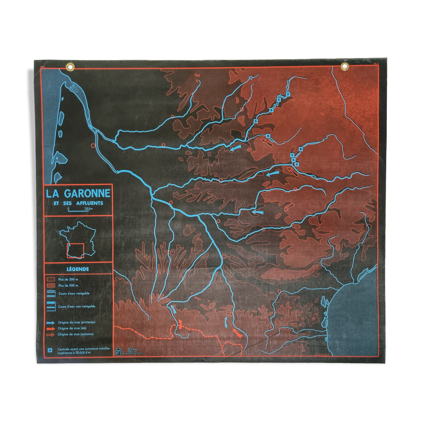 Pedagogical map MDI, 1964, reversible, "The Garonne and its tributaries", "The Loire and its tributaries"