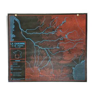 Carte pédagogique MDI, 1964, réversible, "La Garonne et ses affluents", "La Loire et ses affluents"