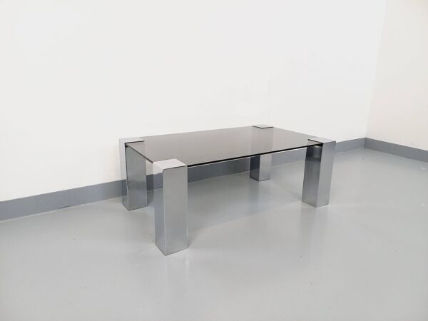 Table basse italienne vintage cidue en verre fumé et métal chromé des années 70