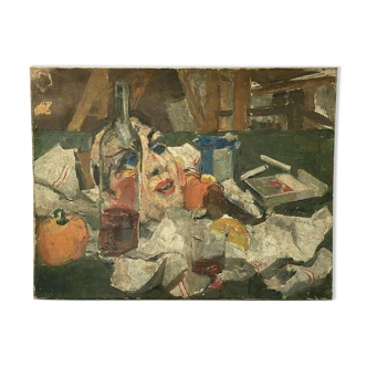 Still life by C Henry with mask and bottle knife painting 1930