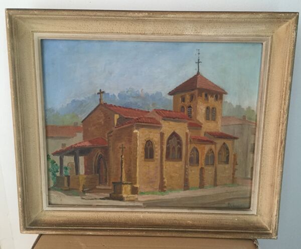 Huile sur panneau représentant une église