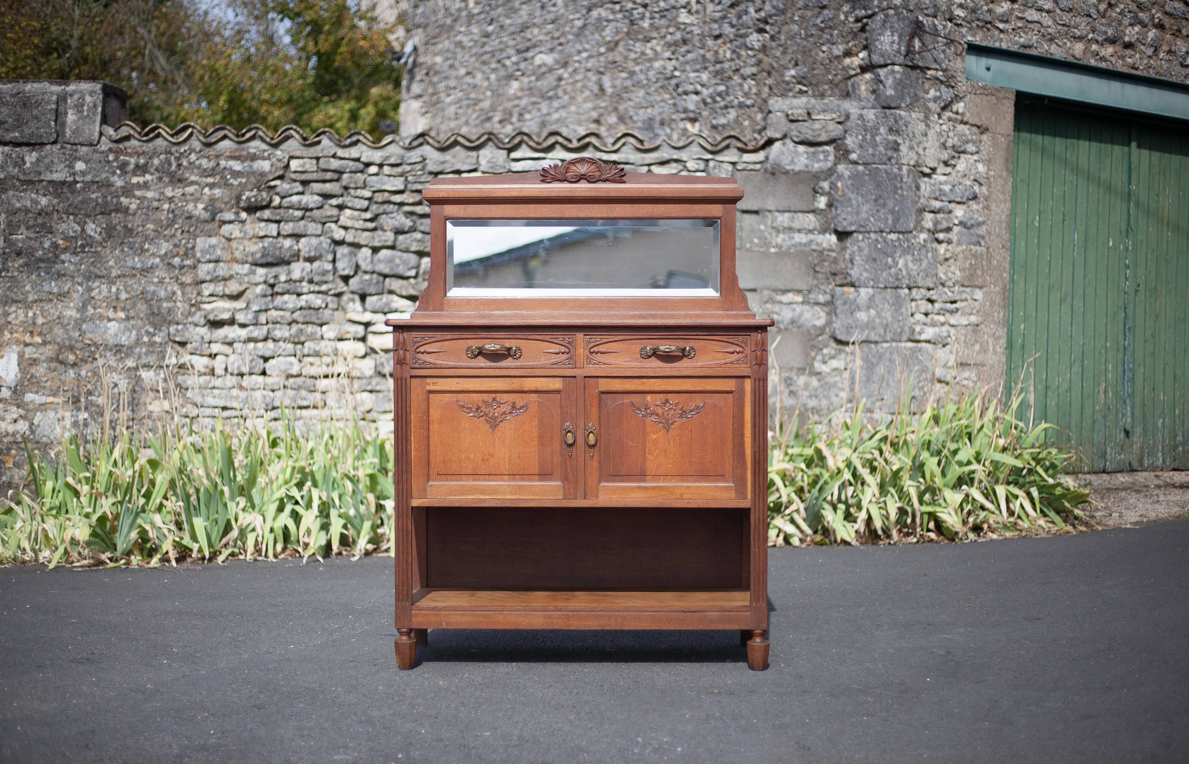 Buffet desserte bois vintage, meuble avec miroir, meuble de rangement