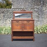 Vintage wooden serving sideboard, furniture with mirror, storage unit