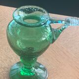 Candle holder, oil lamp in blown glass green glassware of vintage biot signed