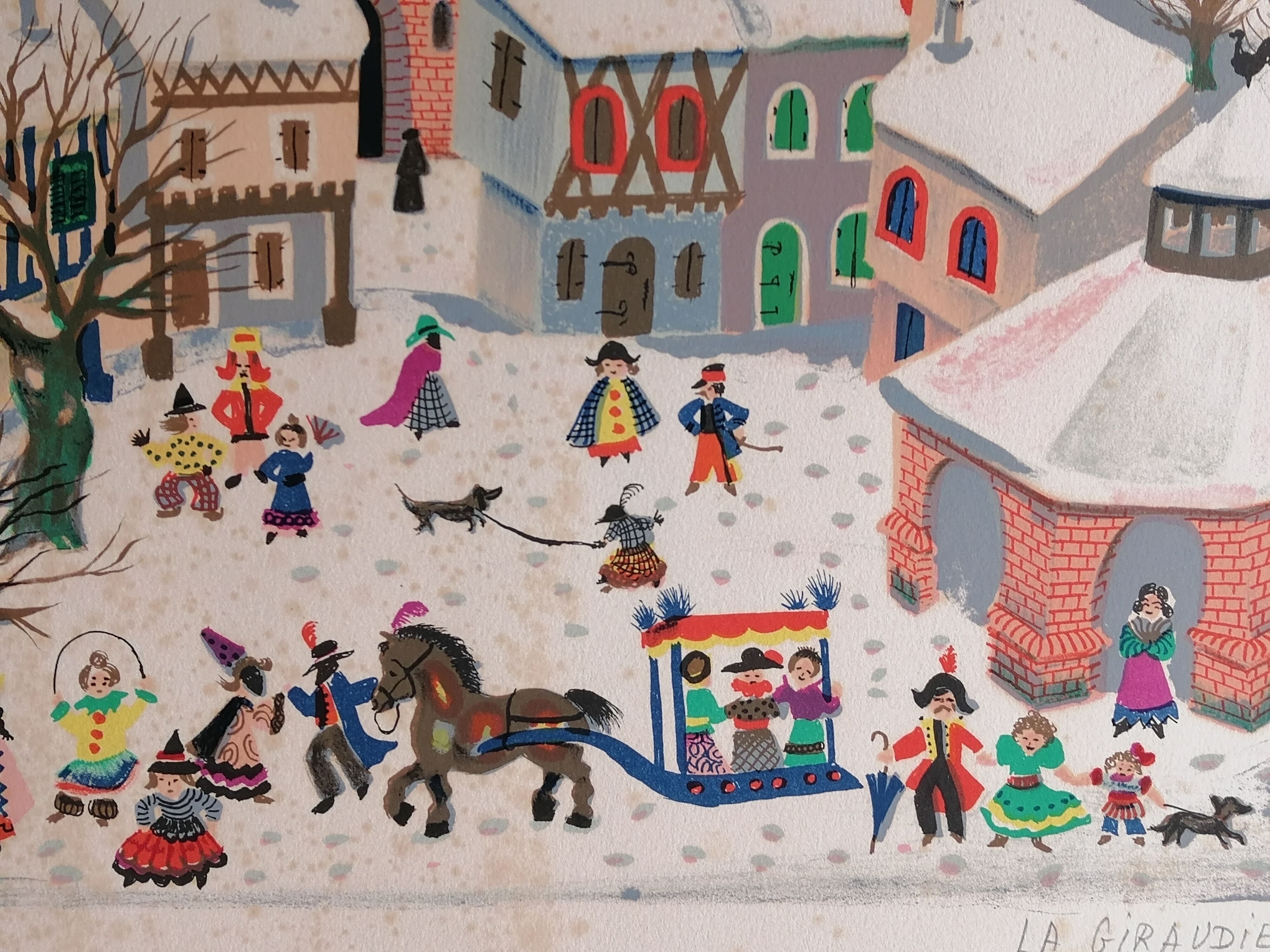 Lithography. Mady DE LA GIRAUDIERE (1922-2018) Naïve art . Signed. Numbered.