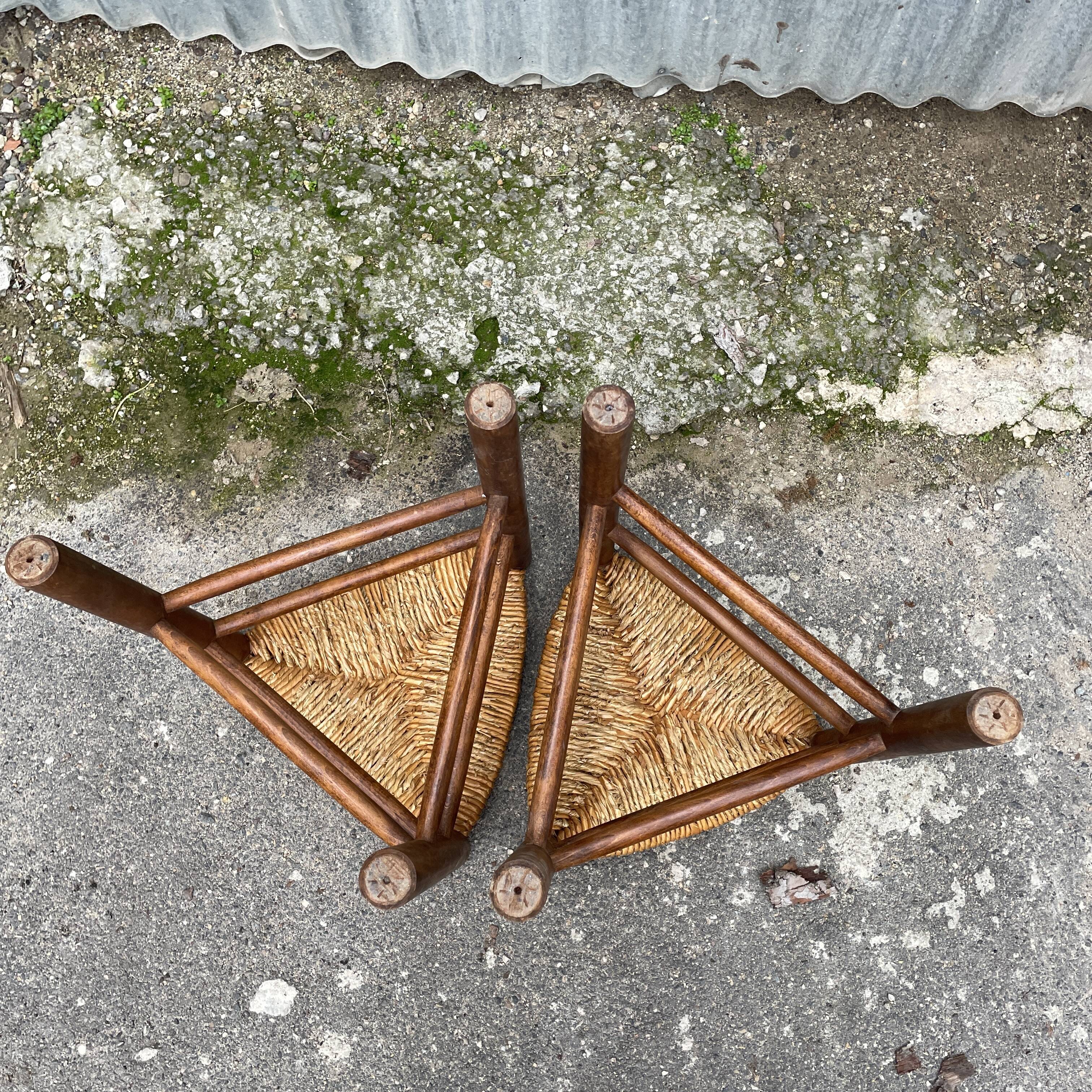 Pair tripod stool vintage design wood and straw