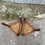 Pair tripod stool vintage design wood and straw