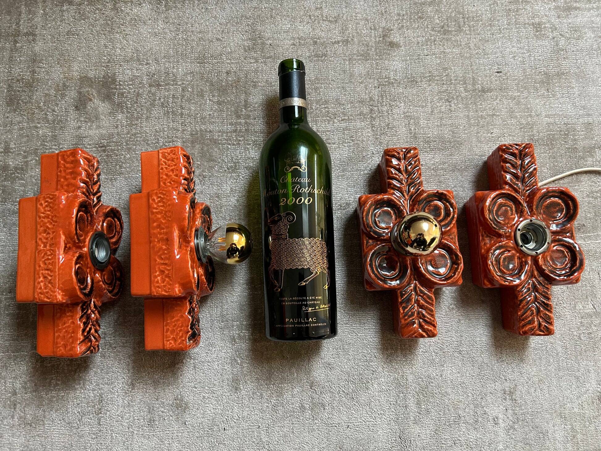 Set of 4 wall sconces in ceramic by Traudl Brunnquell, model 4320, West Germany, 1970s, Fat Lava.