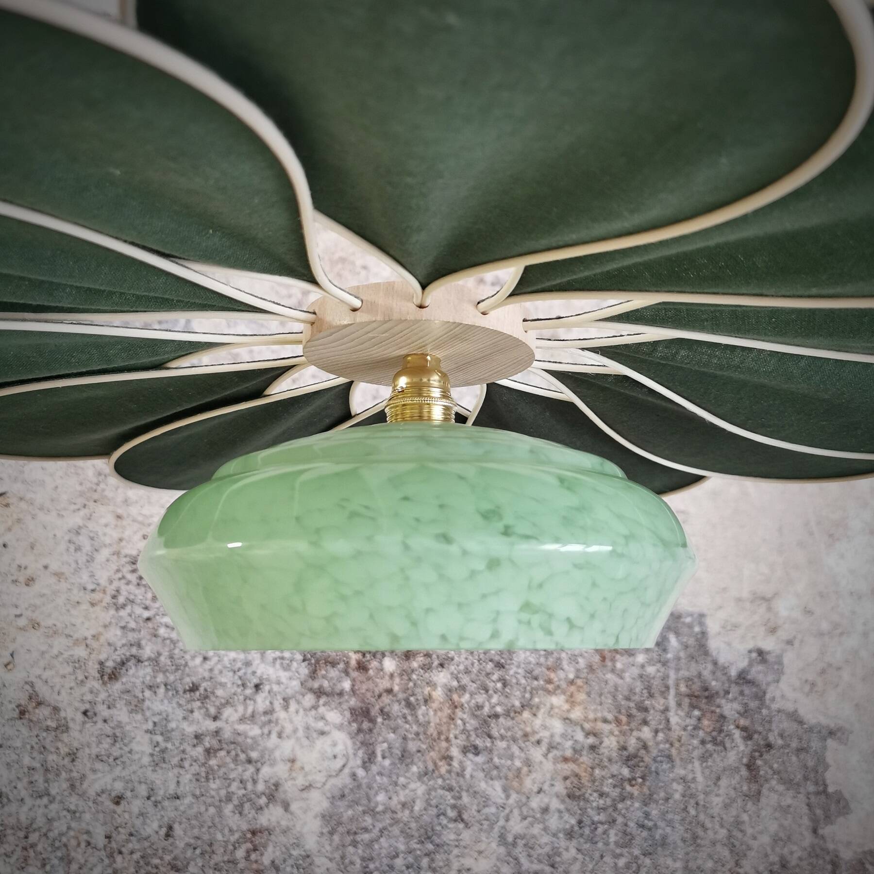 Rattan and Green Linen Flower Pendant Light and Vintage Clichy Glass Globe