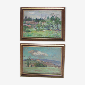 Paire de tableaux post impressionnistes, Paysages Le Bugey le Beaujolais, Lyon