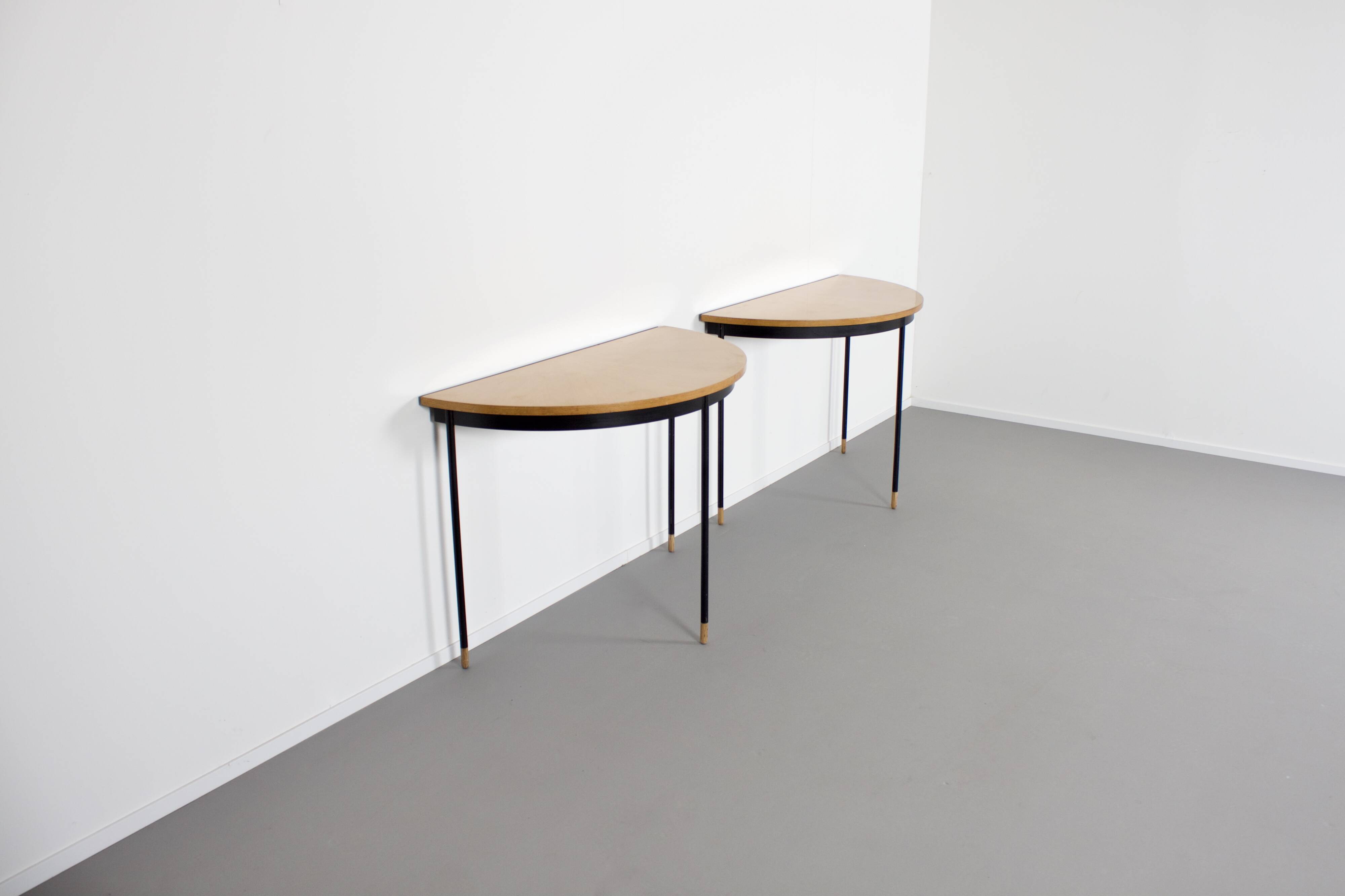 Pair of Italian Sunburst Veneered Consoles / Side Tables, 1960s