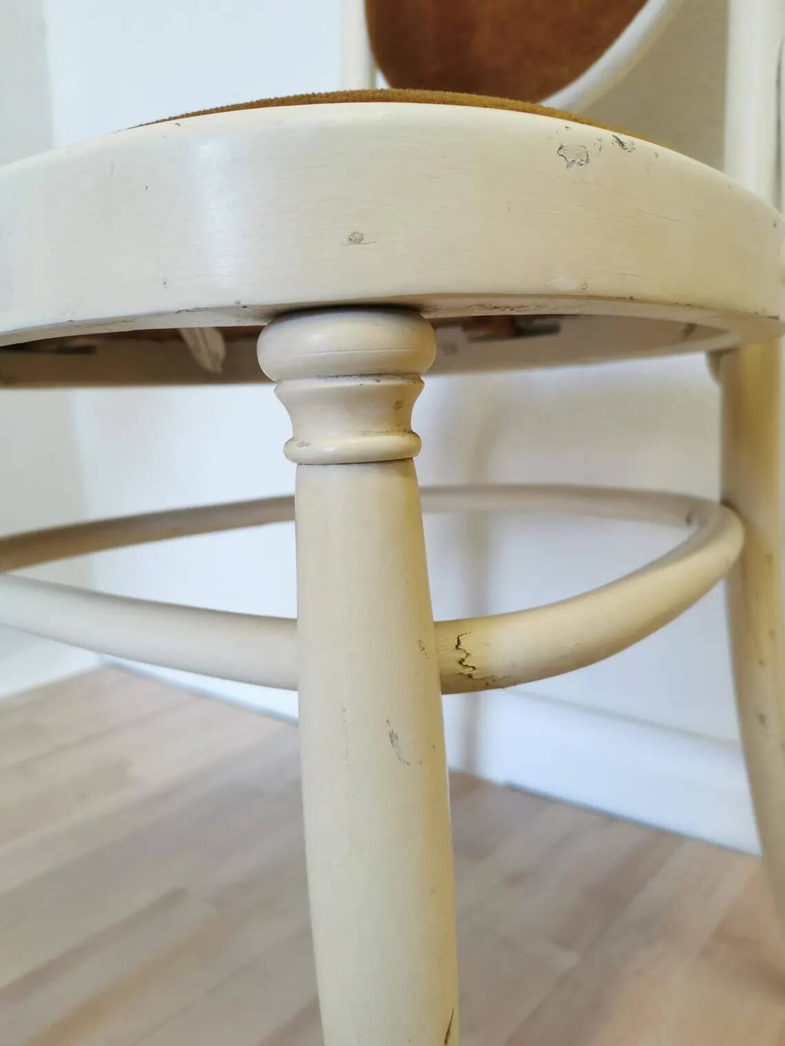 Vintage Thonet Bentwood Dining Chair: White Wood, Yellow Fabric, 1970s Yugo