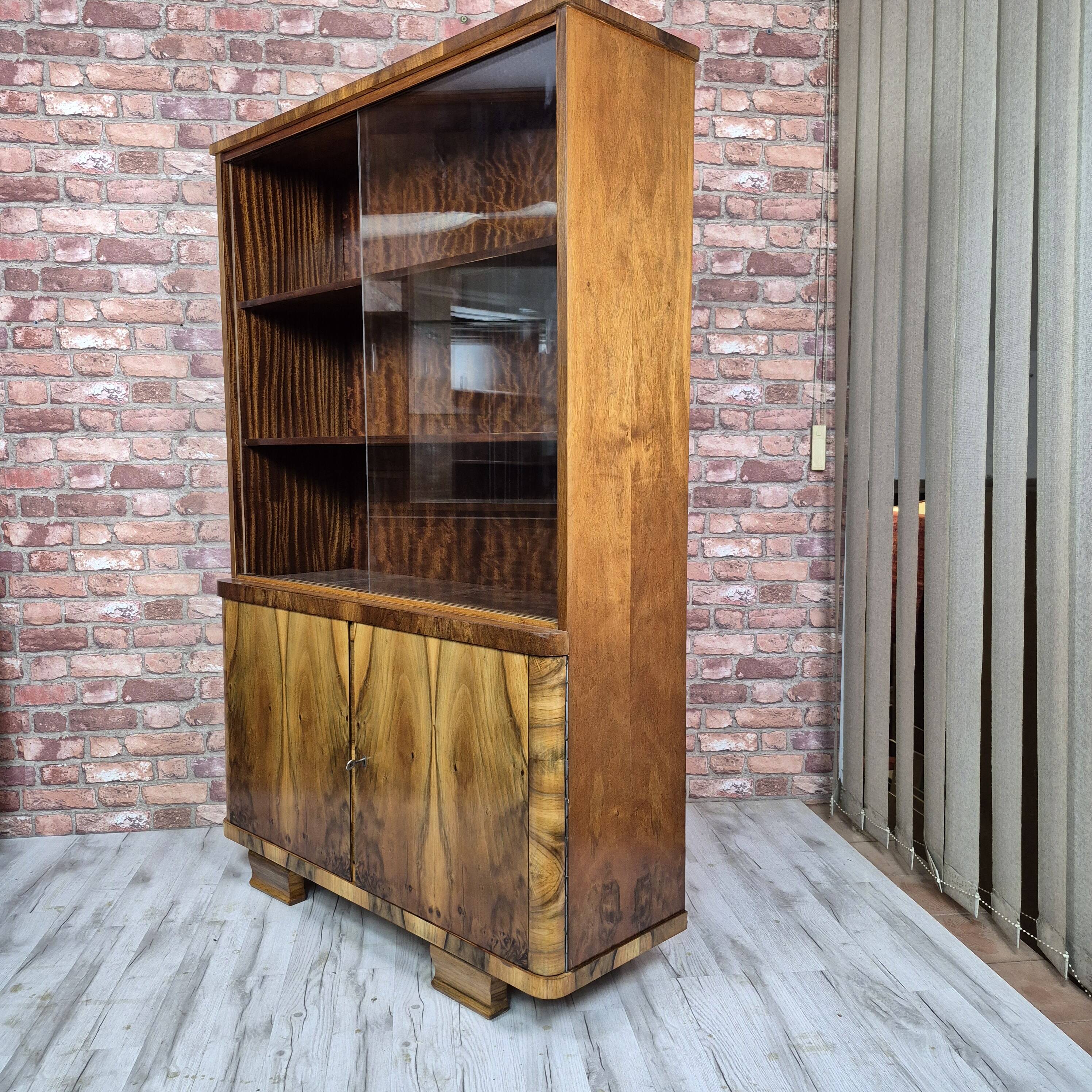 Restored 1950s Art Deco Style Bookcase Display Cabinet with Flame Veneer