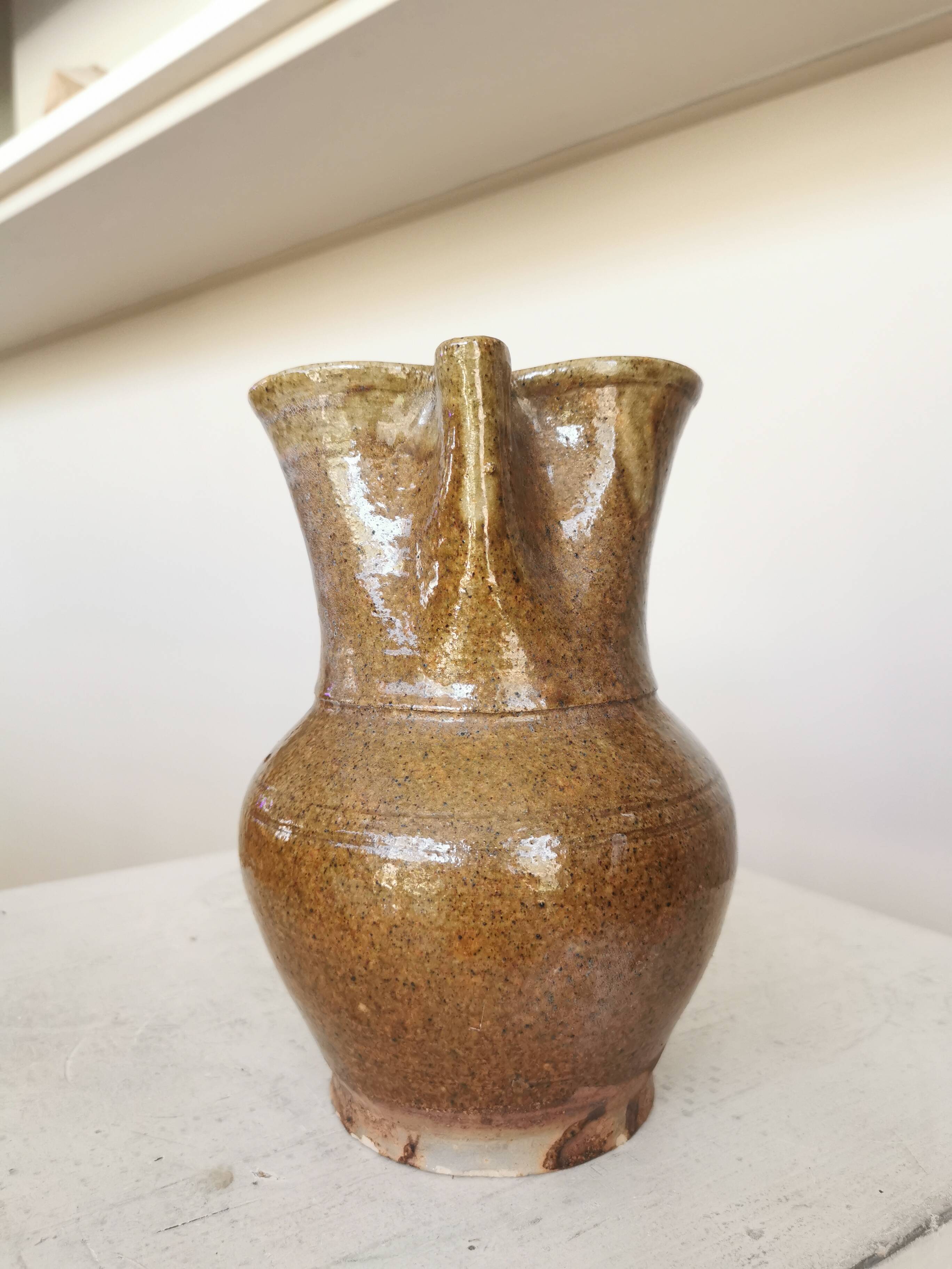 Vintage Studio Pottery Owl Pitcher: Speckled Glaze Stoneware Vase