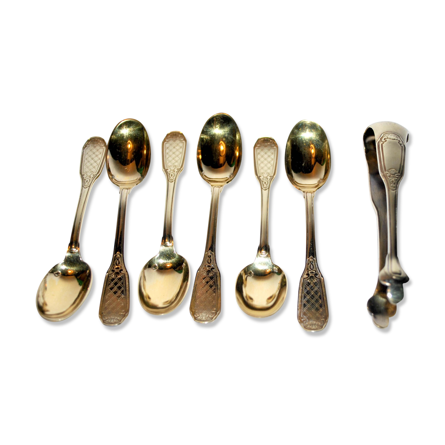 Precious set of 6 teaspoons and its sugar tongs in SOLID SILVER plated Gold Vermeil 19th s