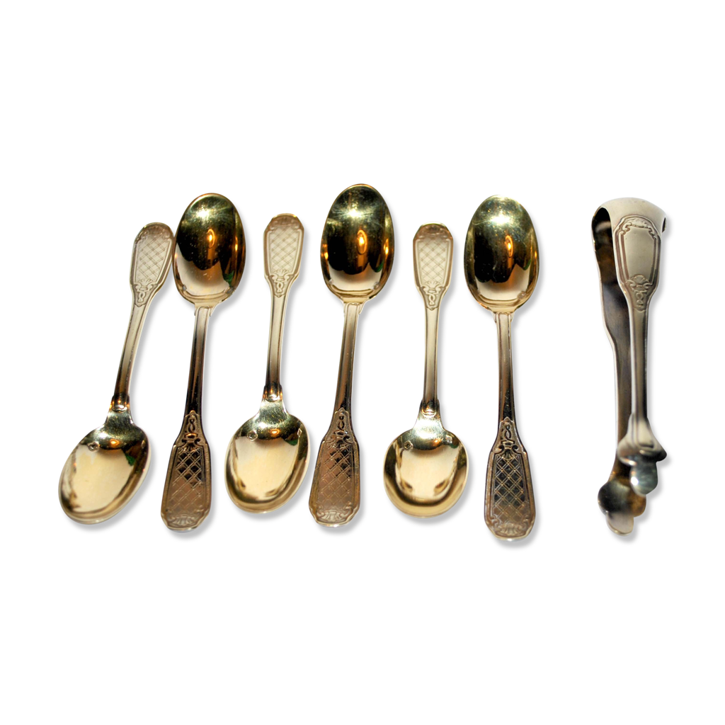 Precious set of teaspoons and its sugar tongs in SOLID SILVER - Main Image