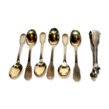 Precious set of 6 teaspoons and its sugar tongs in SOLID SILVER plated Gold Vermeil 19th s