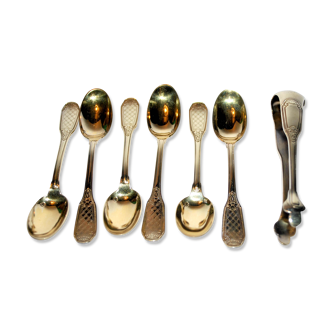 Precious set of 6 teaspoons and its sugar tongs in SOLID SILVER plated Gold Vermeil 19th s