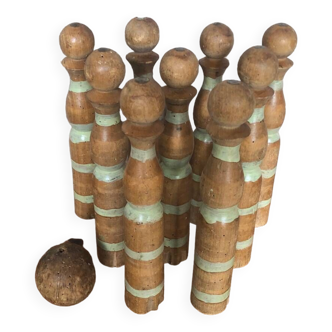 Old game of 9 skittles + vintage wooden ball