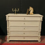 Ancienne commode style Louis XVI en bois patiné blanc shabby 5 tiroirs